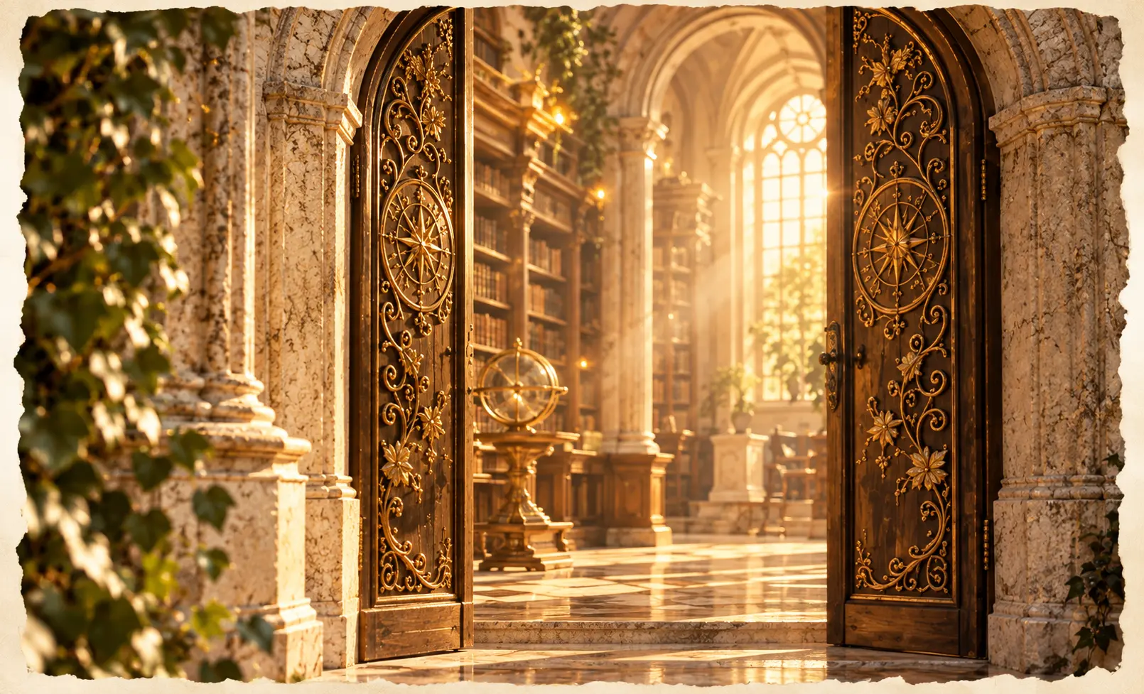Portes dorées ouvertes sur une bibliothèque lumineuse, visuel de l’Académie